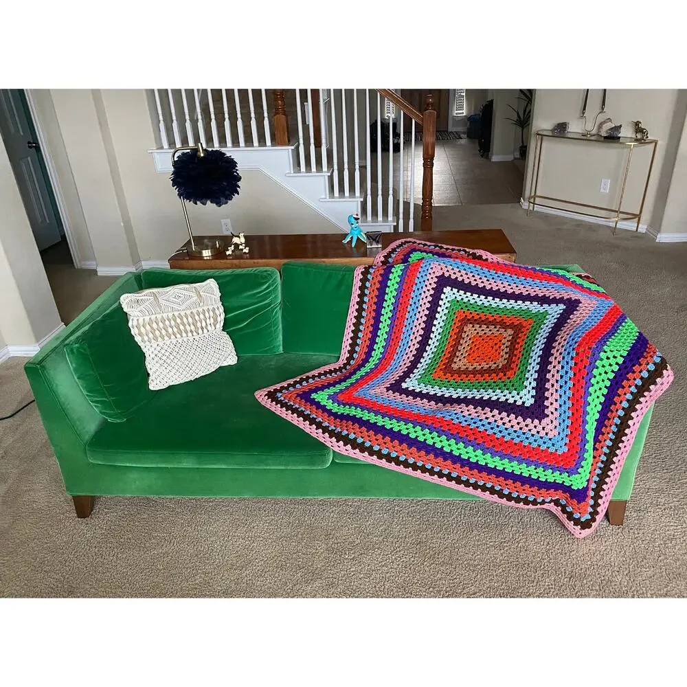 vintage 70s RAINBOW Cut Out AFGHAN colorful squares blanket groovy home decor